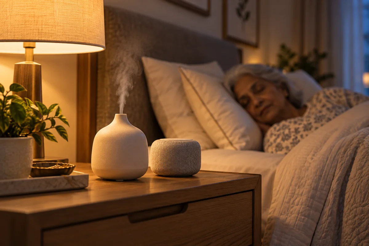 An Aangan diffuser and speaker on Ma's bedside table while she rests