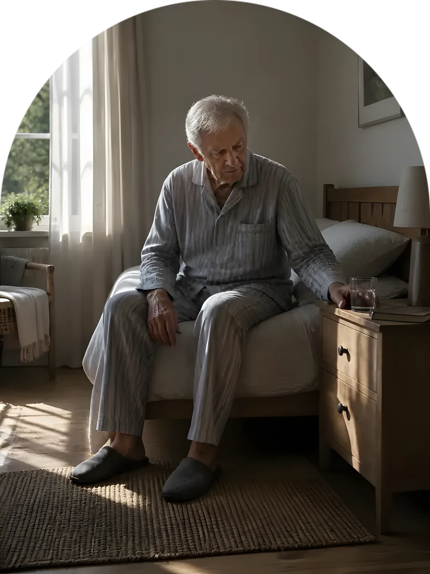 An older man sitting alone on the edge of his bed